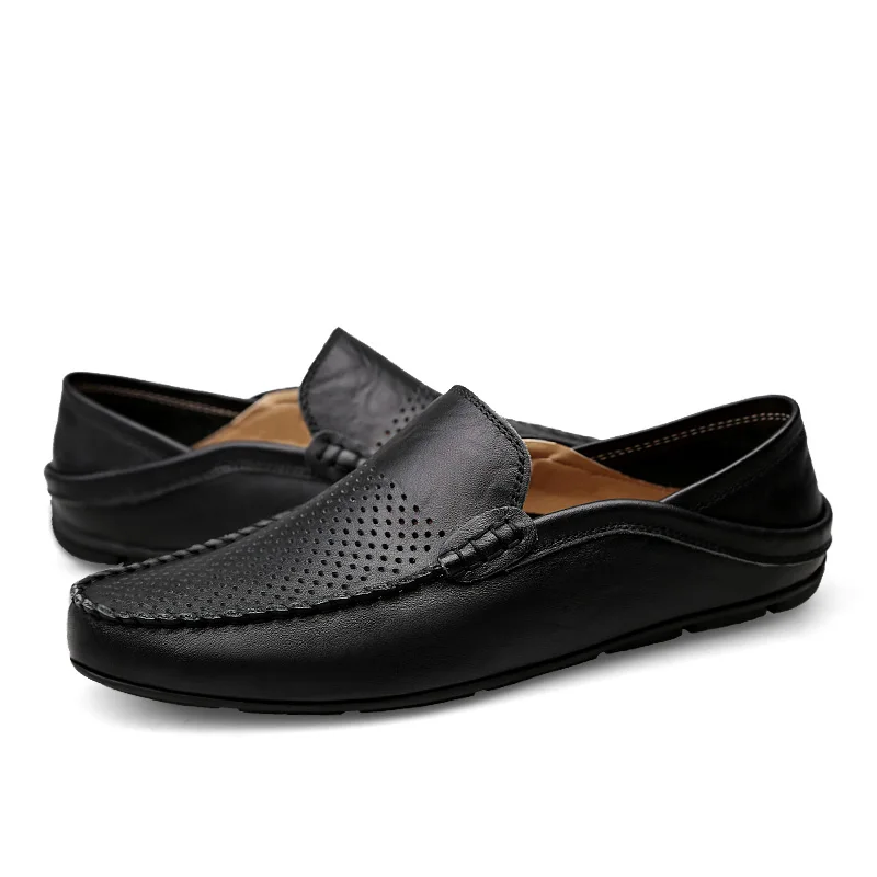 Zapatos informales de lujo para hombre, calzado de cuero suave con plataforma baja, ligero, transpirable, antideslizante, color negro, para conducir, para verano