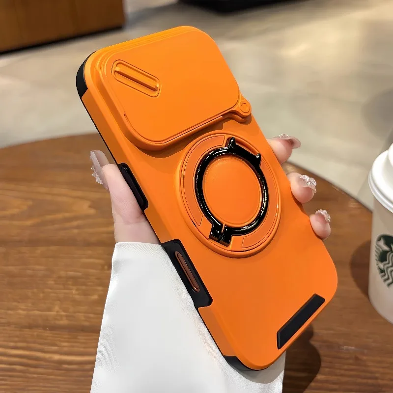 Luxury Heavy-Duty Armor Slide Camera Case with Magnetic Rotate Ring Holder