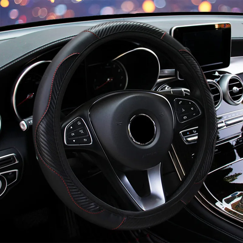 Steering Wheel Cover Breathable Anti Slip PU Leather Suitable 37-38cm Auto Decoration Carbon Fiber accesory