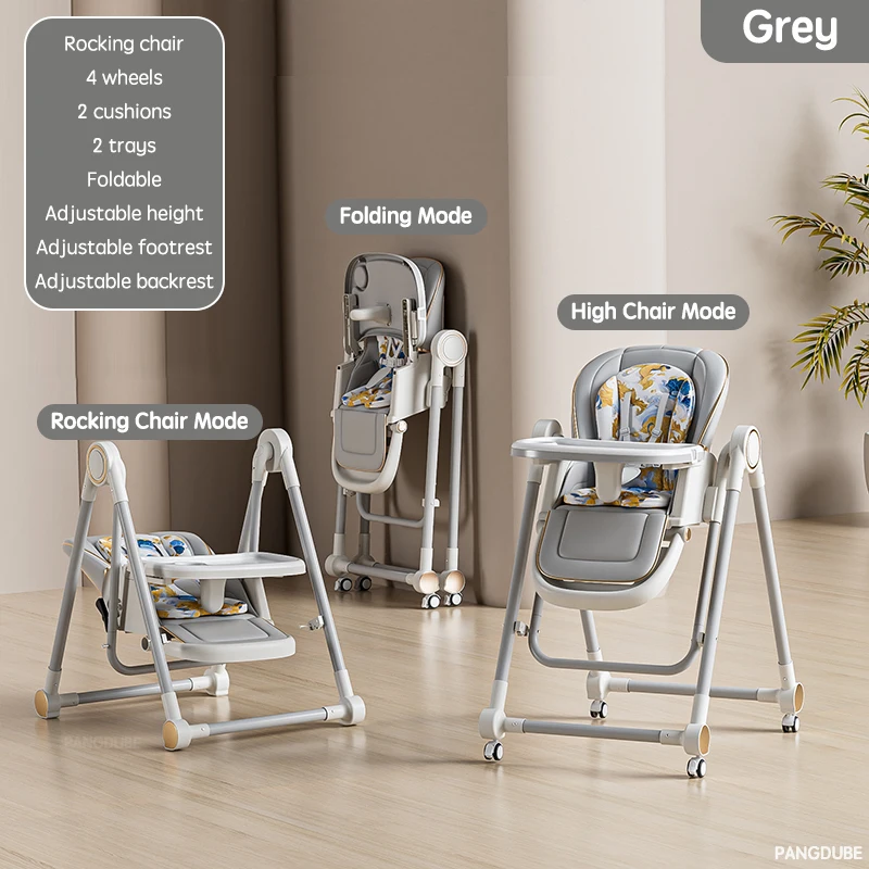 PANGDUBE 2 em 1 Cadeira dobrável para alimentação de bebês Cadeira de balanço para dormir do bebê Cadeira alta para alimentação com rodas, bandejas duplas, almofada
