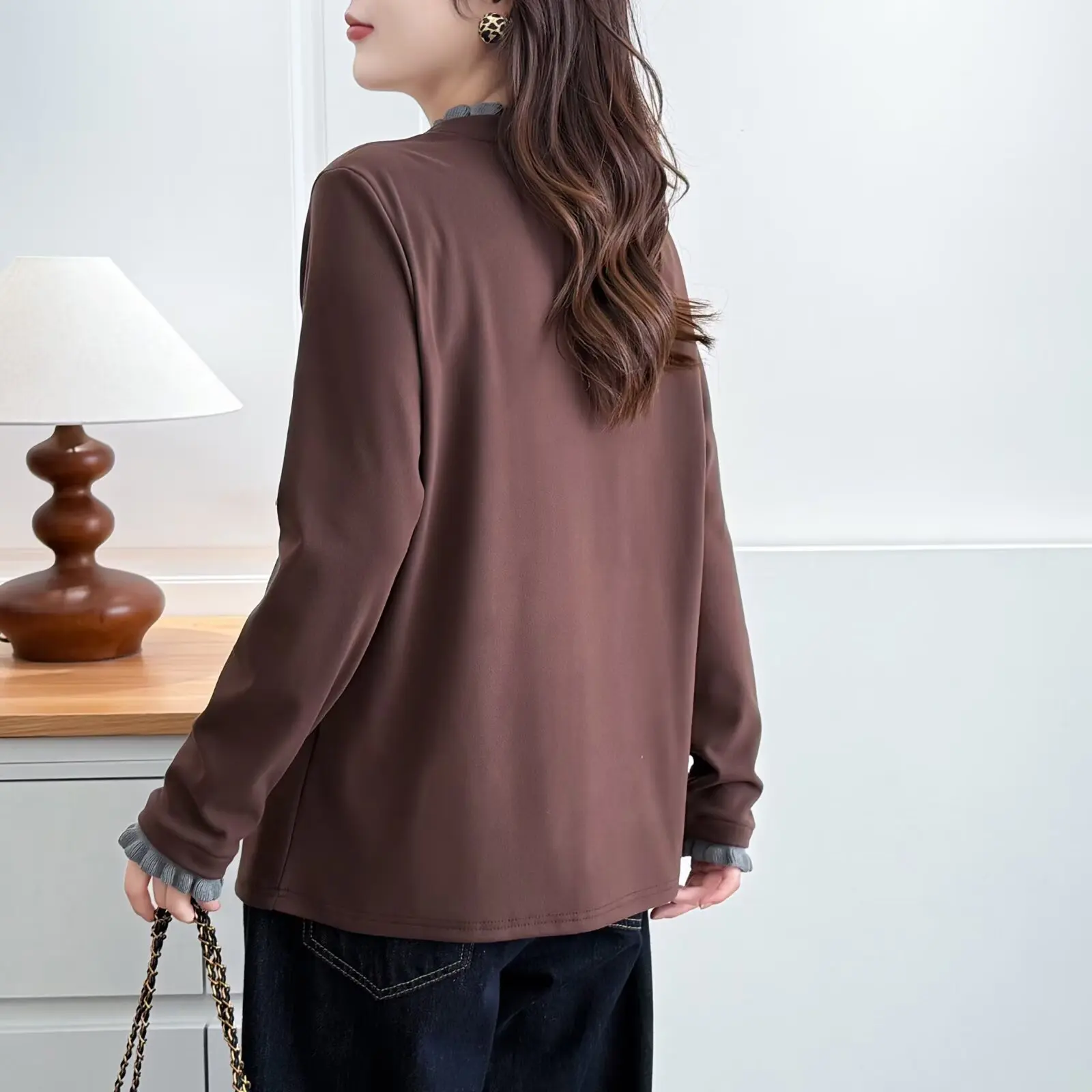 XXXXL Fashion Plus Size Women's T-Shirt Autumn Winter De Velvet Warm Block Color Ruffled Collar Long Sleeve Base Tops 984