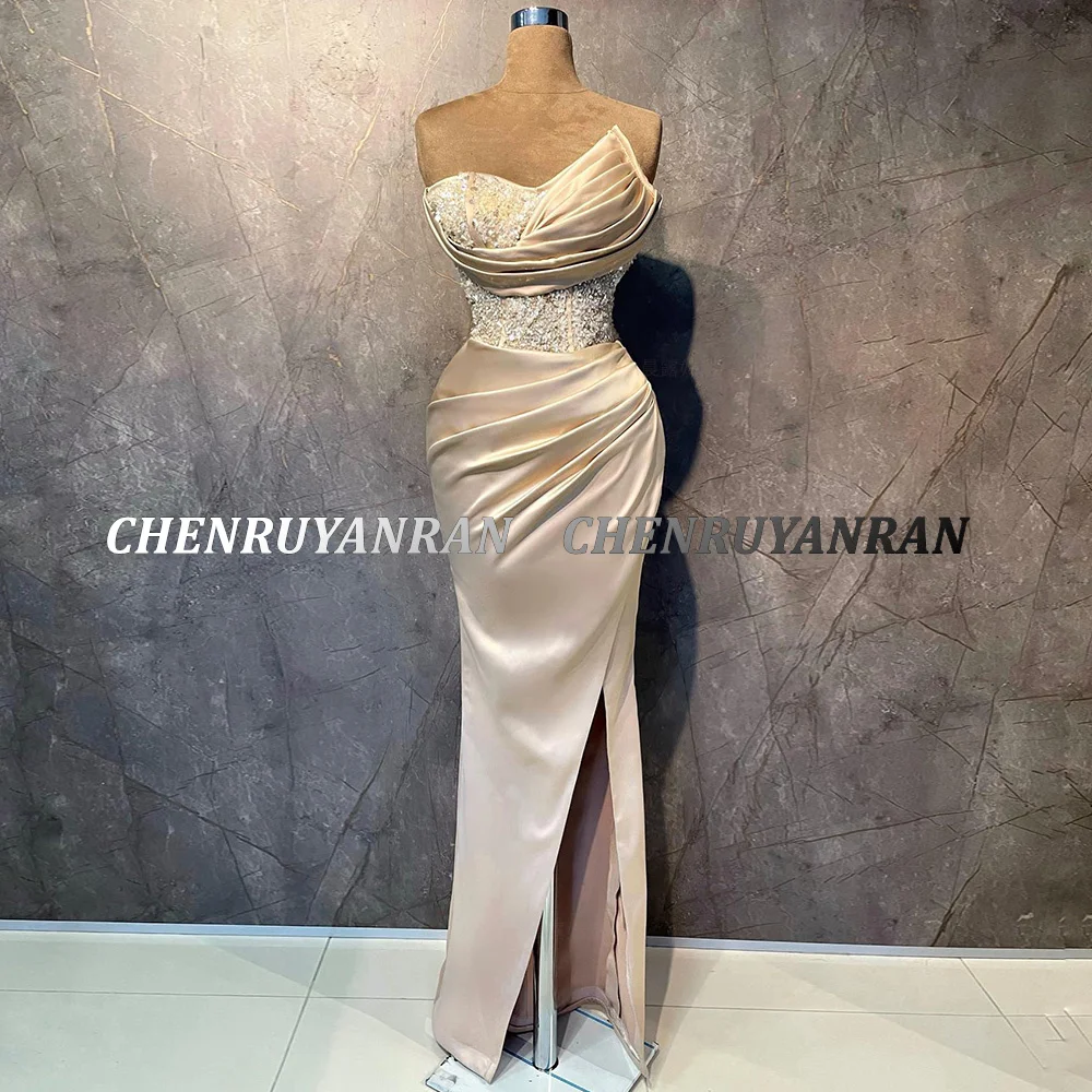 Customized Satin Evening Dresses Long Luxury Sweetheart Split Sexy Prom Gowns Bead Mermaid Satin Elegant Dress Wedding Party New 3
