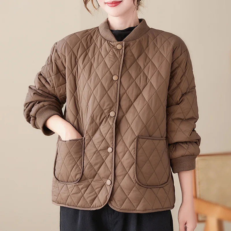 WomenThinQuiltedCoatsAllMatchRhombusLightweightShortJacket