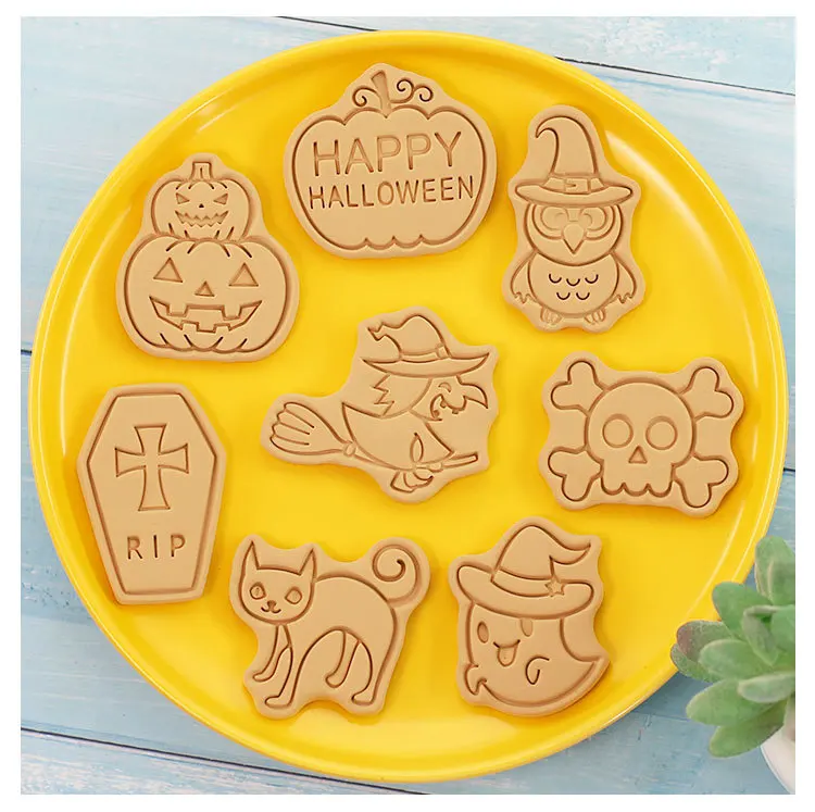 Description Picture 6 of itemHalloween Cookies Cutters Plastic Pumpkin Cartoon Pressable Biscuit Mold Confectionery Fondant Cookie Stamp Baking Pastry Tools