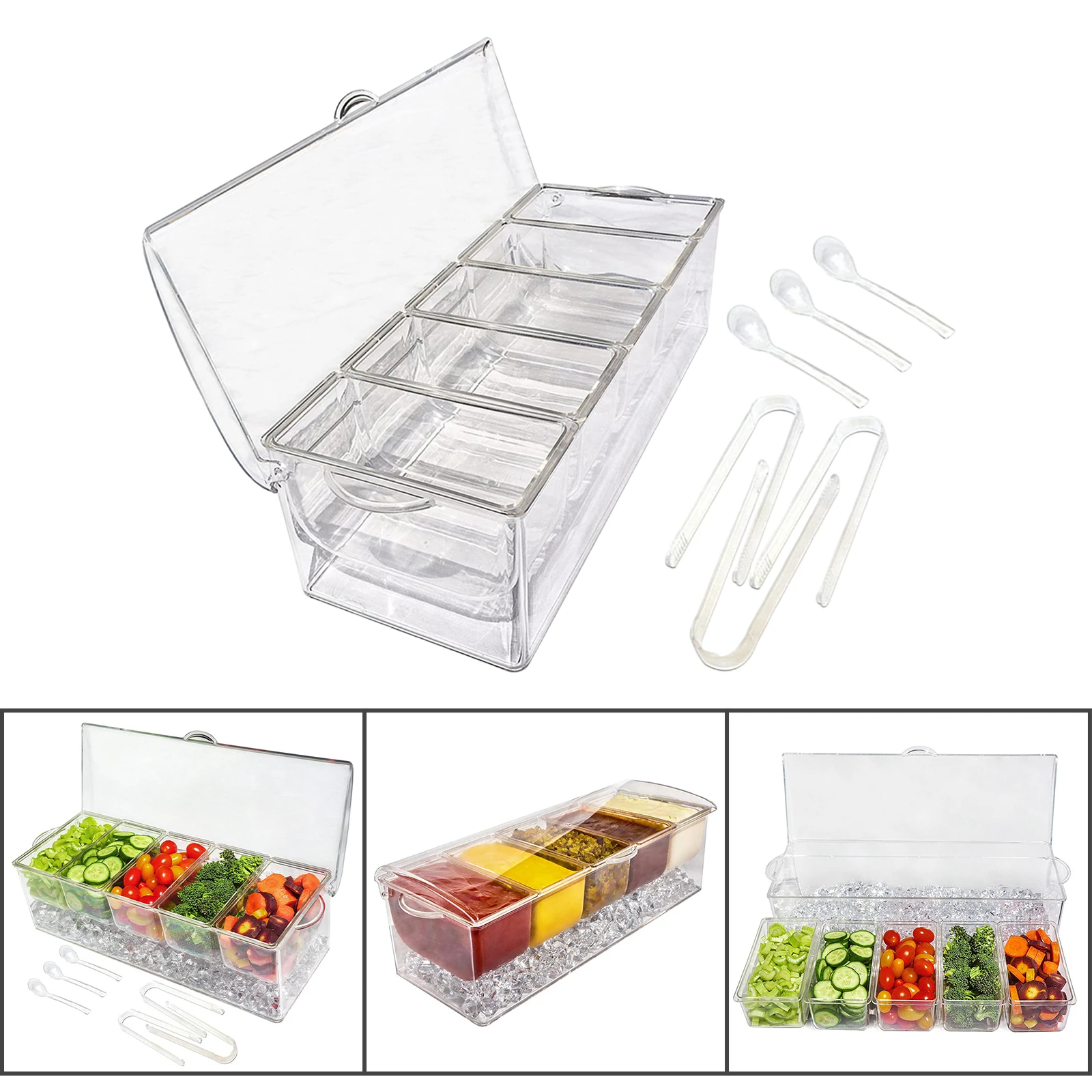 Chilled Condiment Server 5 Compartment Acrylic with Lid Clear for Salad Chilled Serving Tray Ice Serving Bowl Clear Salad