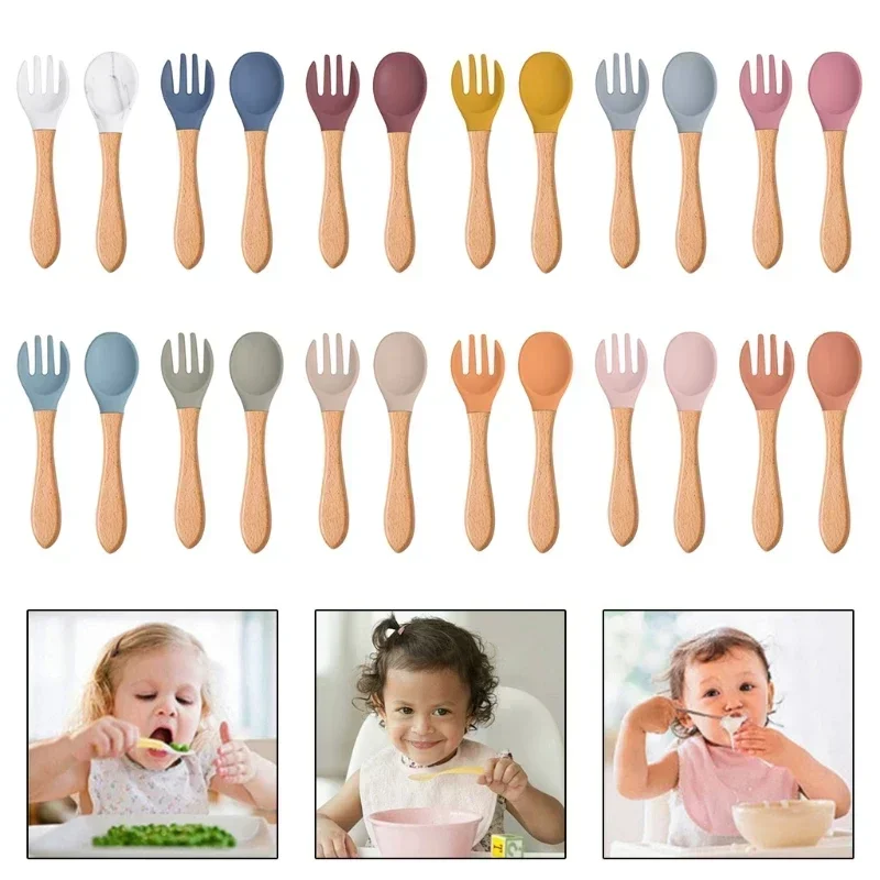 Baby 2pcs Silicone Fork Spoon Baby Beech Wood Feeding Spoon Toddlers Infant Feeding Accessories BPA Free Baby Feeding Tableware 5