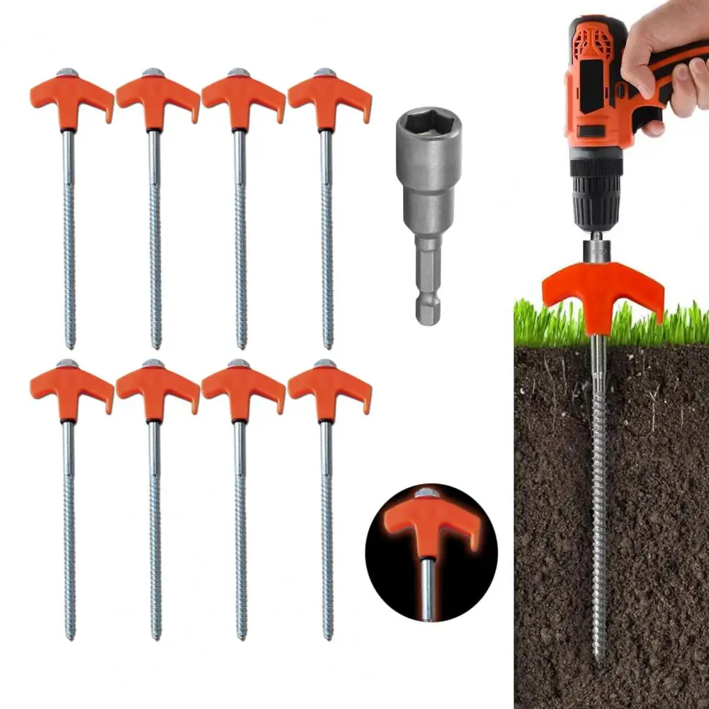 Tent Pegs Camping Tent Accessories 8Pcs Screw in Heavy Duty 8-inch Steel Tent Stakes with Hexagonal Sleeves Easy Setup Drillable Ground