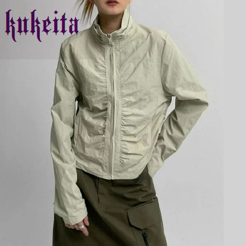 

Women Solid Color Casual Short Pleated Drawstring Stand Collar Long Sleeve Loose Jacket Coats Spring Summer Chic Streetwear
