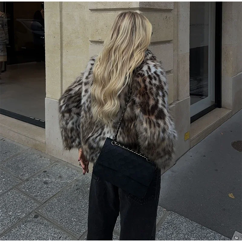 Leopard Print Faux Fur Short Coat Women Fashion Puff Plush Lapel Loose Button Jacket Female Winter Thick Warm Outerwear