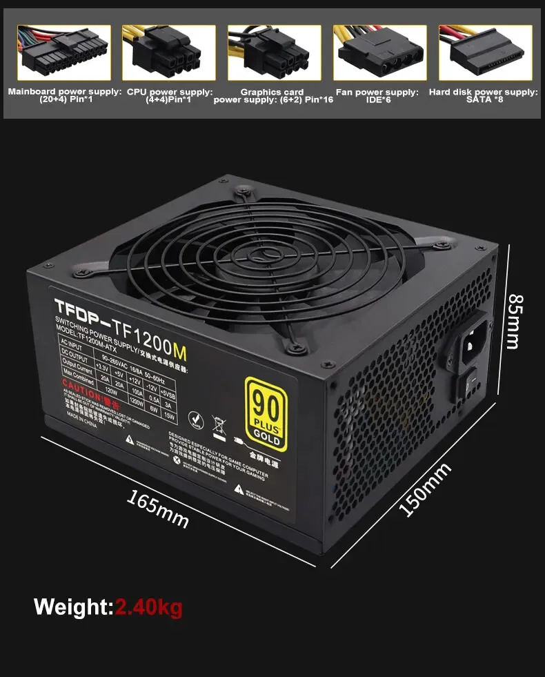 1200W 컴퓨터 PC 전원 공급 장치 ATX PSU, 14cm 팬, 160-240V, 모듈식 소스 유닛, 게임용 데스크탑 PC 조립용 12V 전원 공급 장치