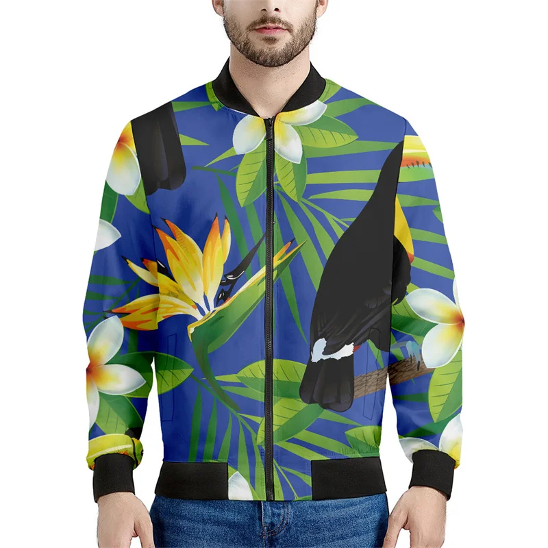 

Exotic Tropical Toucan Pattern Zipper Jacket Men 3d Printed Birds Sweatshirt Street Casual Tops Jacket Long Sleeve Bomber Coat