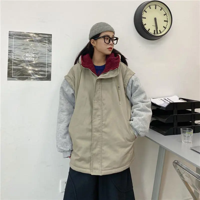 Winter Parka Jacket Women Long Sleeve Hooded Lamb's Wool Padded Thickened Jacket Fleece Lined Oversized Overcoat Coat