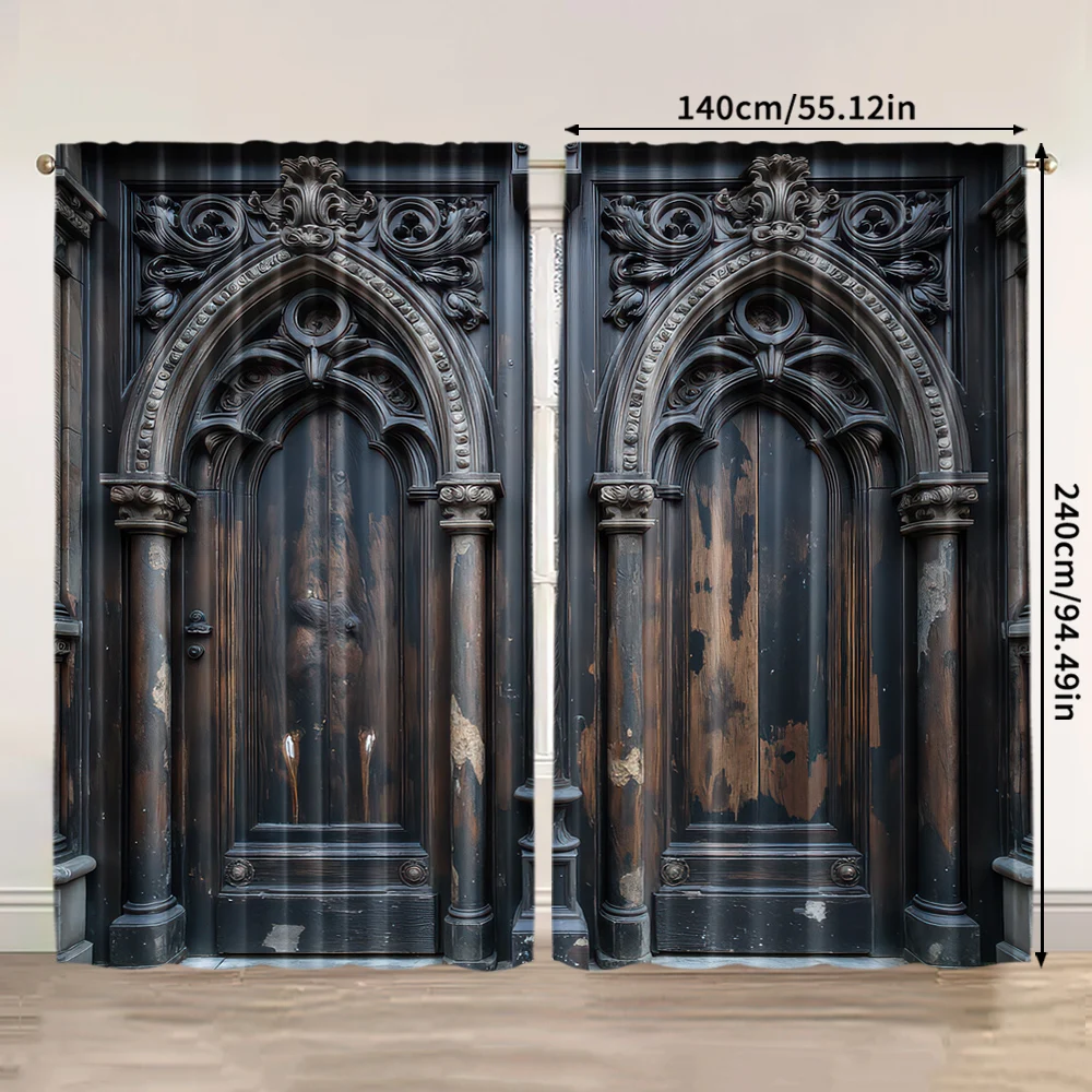 2pcs,%202D%20flat%20printing%20Scene%20Curtain%20Ornate%20Carved%20Wooden%20Doors%20Artwork%20Versatile%20Polyester%20Fabric,Without%20Electricity%20Wall%20-%20Image%203