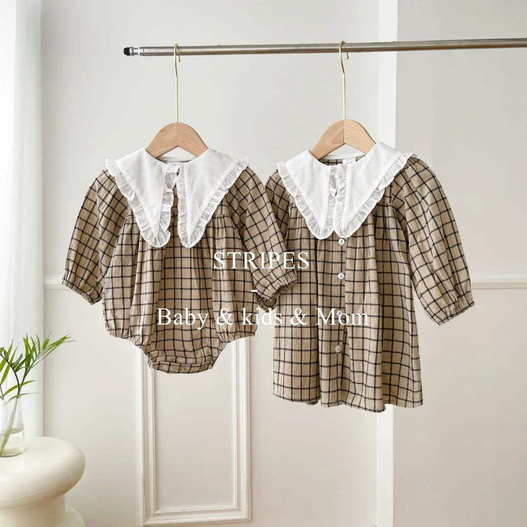 Family Matching Outfits Spring Autumn Shirt Plaid Baby Girl Cotton Romper Girl Dress Women Dress Mother Daughter Look Clothes - 3