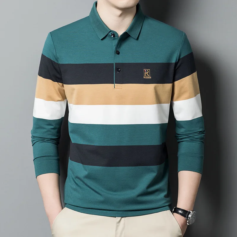 

New High-End Spring and Autumn BusinesspoloShirt Fashion Men's Striped Loose Casual T-shirt Men's Clothing