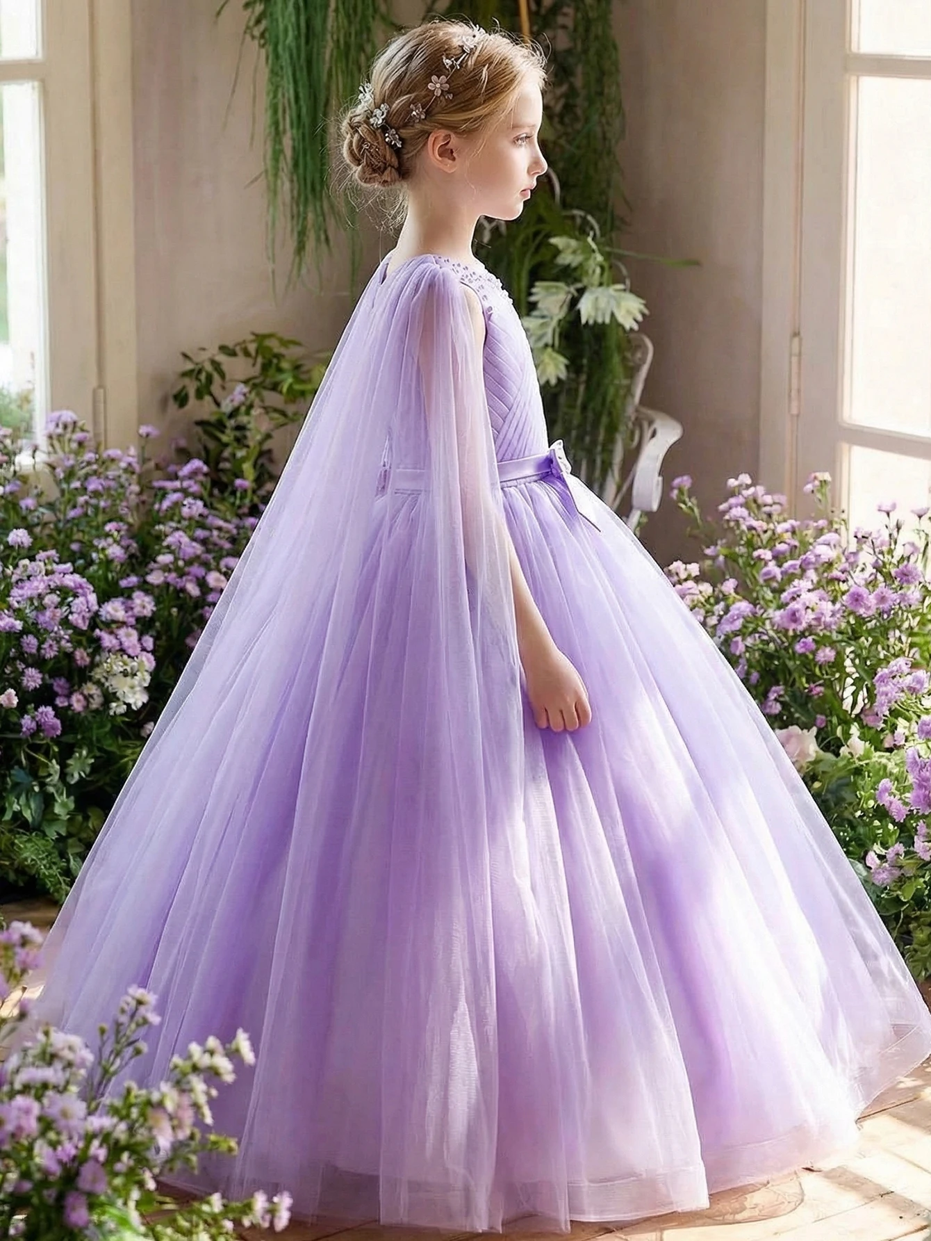 Elegant Purple Tween Girl's Formal Gown with Flowing Veil and Bow Decoration
