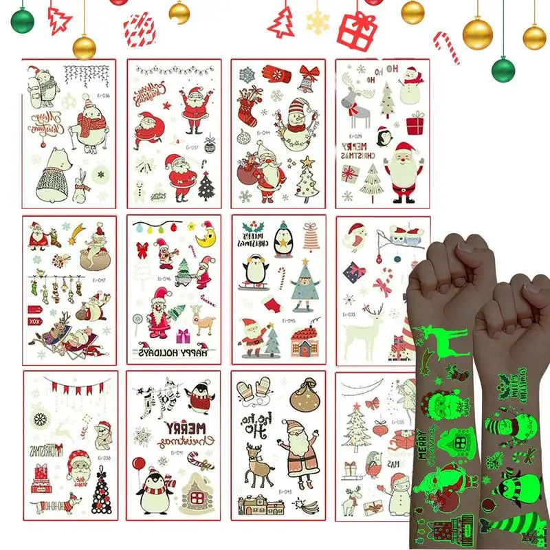 

Glow In The Dark Christmas Stickers 12 Pieces Waterproof Luminous Tattoo Stickers Fluorescent Window Decal For Xmas New Year