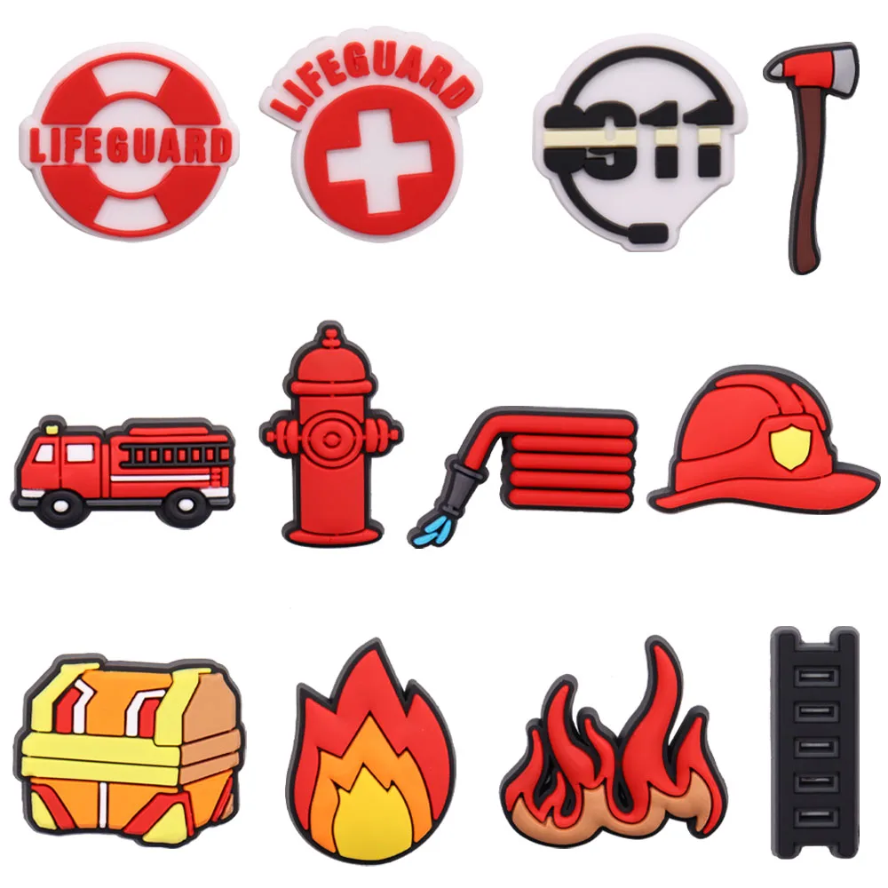 1PCS PVC Shoe Charms Life Guard 911 Hotline Axe Firetruck Hose Hat Fire Buckle Fit Wristbands Decoration For Clogs Pins Kid Gift