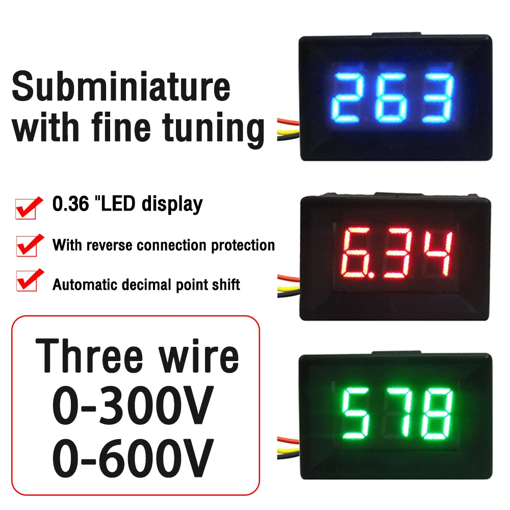 

DC 0-300V DC 0-600V Digital Voltmeter Voltage Panel Meter 3 Wires Red/Blue/Green LED Display For Electromobile Motorcycle Car