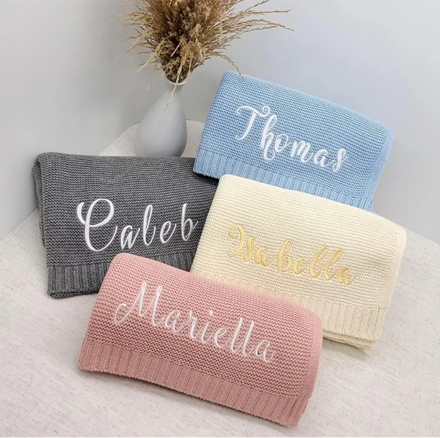 Embroidered Name Cotton Knitted Newborn Blanket Personalized Baby Boy Girl Blanket Baby Shower Gift Breathable Stroller Blanket
