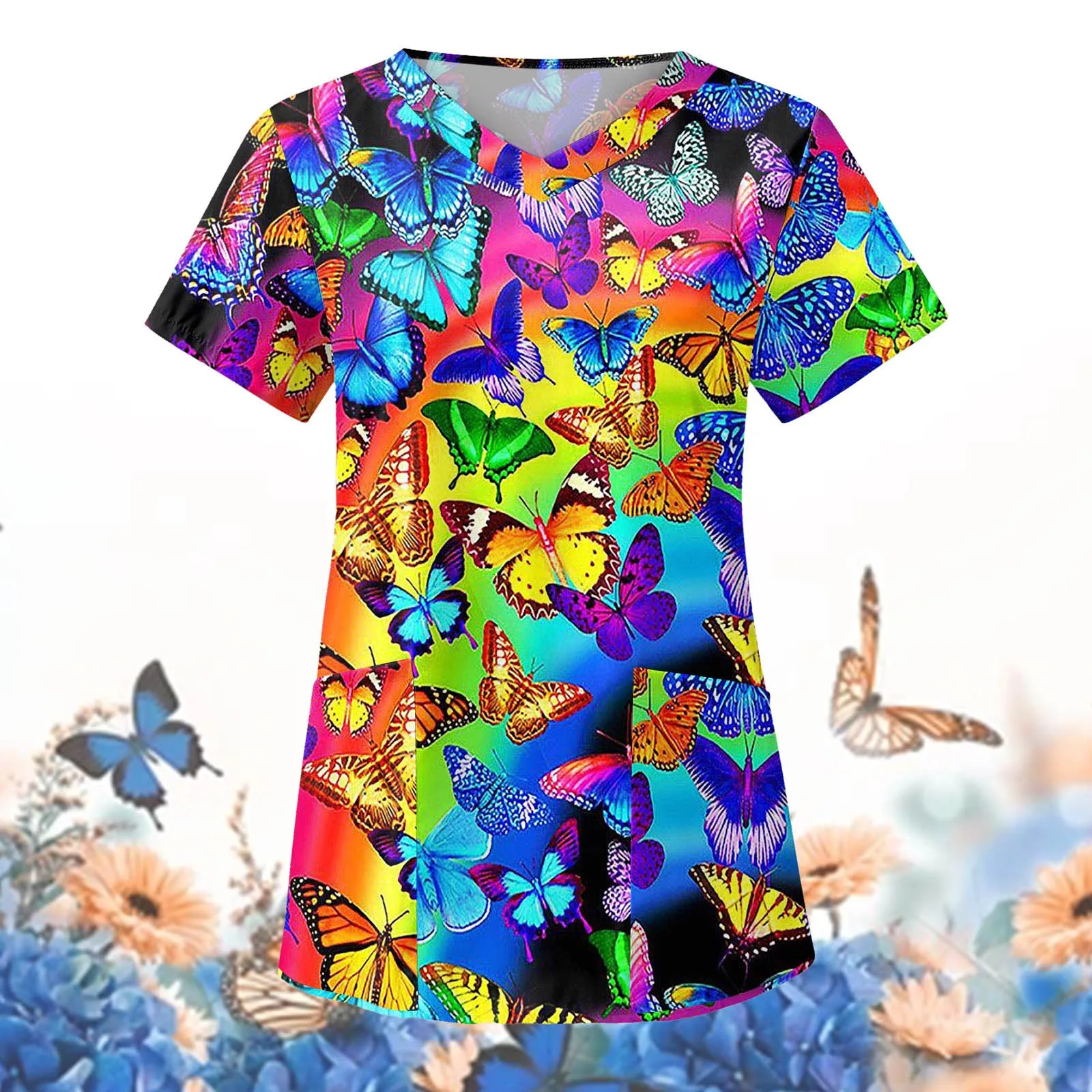 Healthcare Uniform Nurse Clinic Nursing Butterfly Workwear Hospital T-shirt Tops Short Sleeve Blouse Carer Working Women Medical medical tops