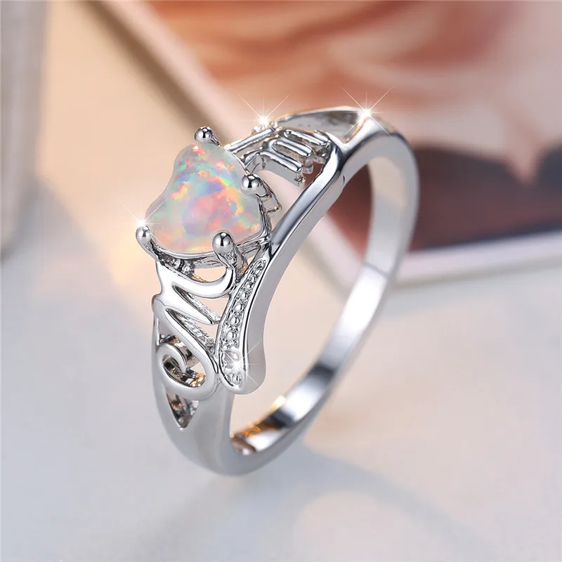 Luxury Female Crystal White Zircon Stone Heart Ring Vintage Silver Color Wedding Jewelry For Women