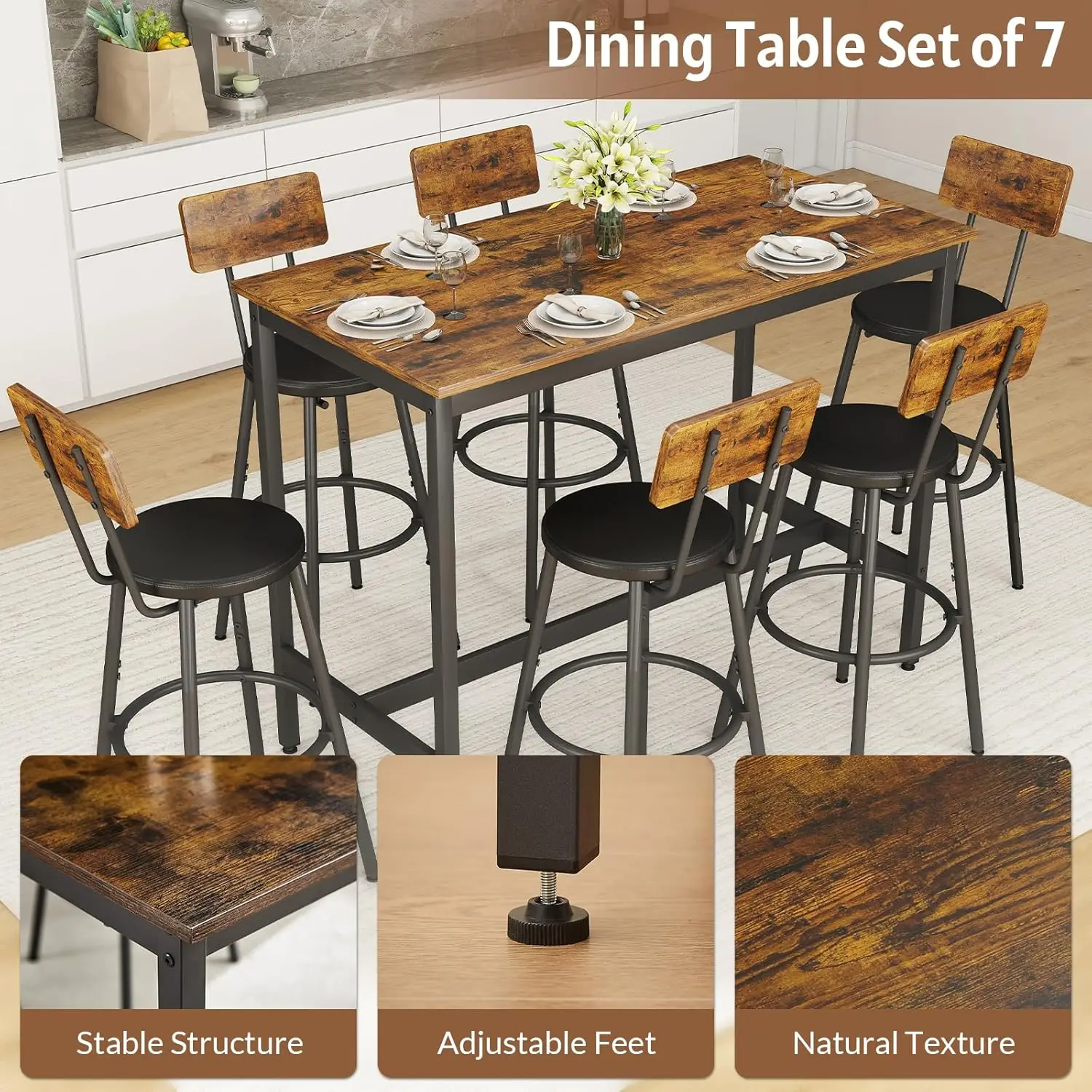 new-Dining Table Set for 6, Bar Table and Chairs Set, 6 Piece High Top and Chairs, Modern Counter Height Pub
