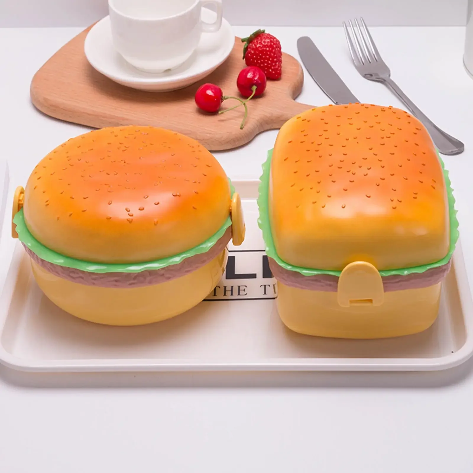 Hamburger Lunch Box Double Tier Cute Burger Bento Box Microwave Children School Meal Food Container Fork Tableware Set Gifts