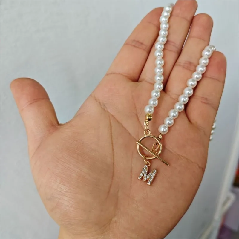 Elegant Simulated-pearl Gold Color OT Buckle 26 Letters Pendant Necklace for Women Vintage Choke Collares Jewelry Girls Gifts
