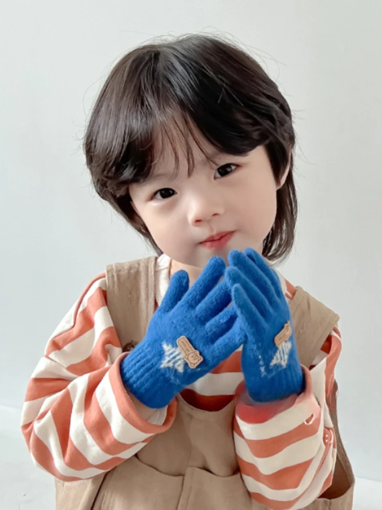 New Children Winter Knitting Football Bear Plush Soft Five Finger Gloves Baby Boys Outdoor Warm Gloves Kids Colors