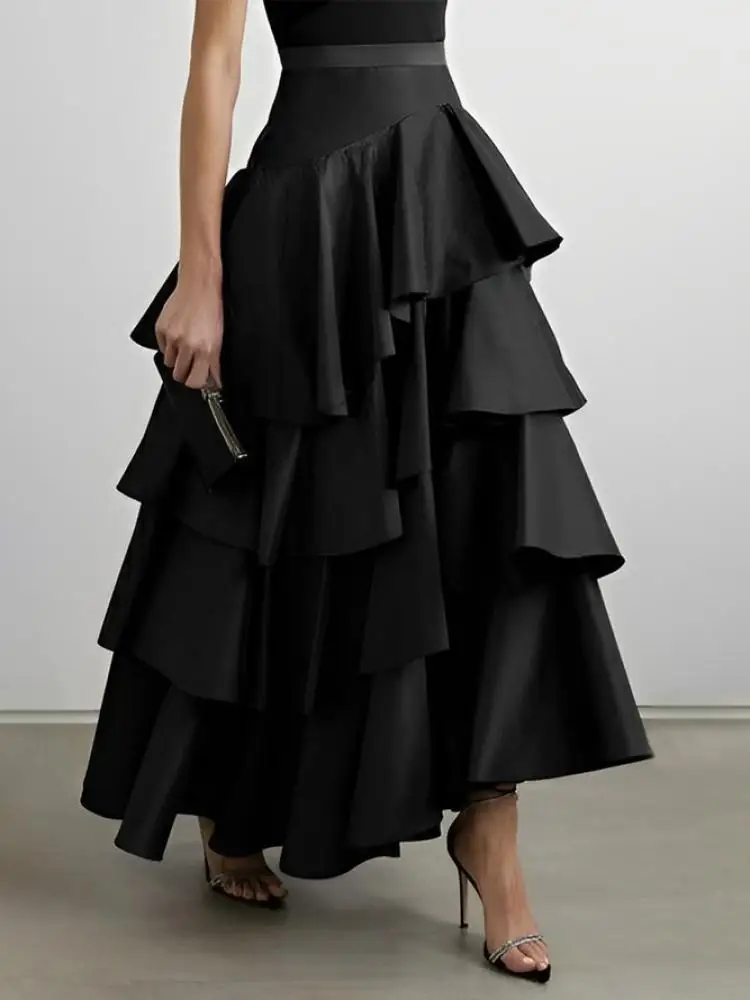 

Women A-line Skirt Multi-layered Ruffled Hem High Waisted Solid Color Skirts Spring and Summer Stylish Midi Skirt Bottoms