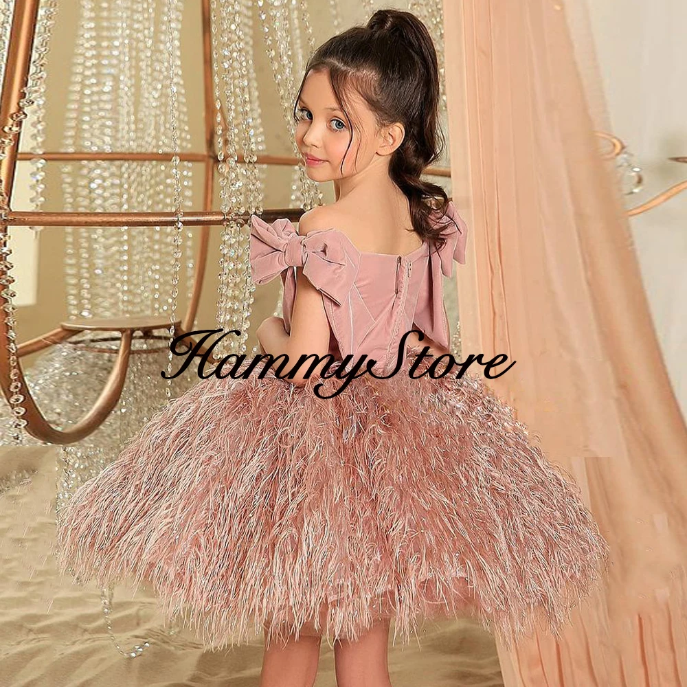 Cute Baby Girl First Communion Dresses Dusty Pink Off The Shoulder Big Bow Top Velvet Feathers Ball Gown Flower  Dress