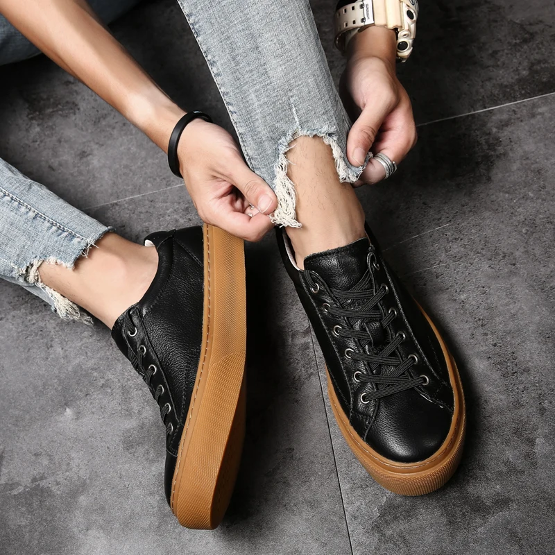 Men's leather sneakers, fashionable, comfortable, casual platform soles, oxford shoes, elastic board shoes, small white shoes
