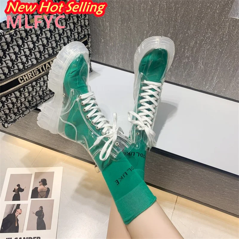 Crystal Sole Fashion Large Fashion Boots Elevated New Lace up Transparent Matsutake Thick Sole Jelly Short Boots Cool Boots