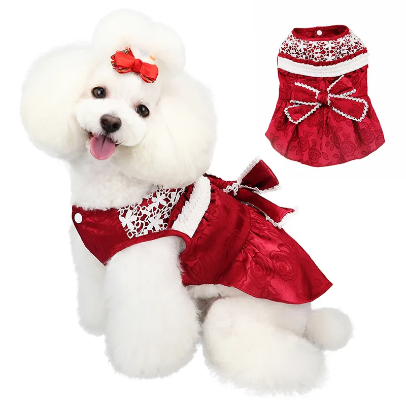 New pet dress, exquisite jacquard dog bride dress, cat dress lace mesh, big bow dog stylish, small and easy to carry, eas