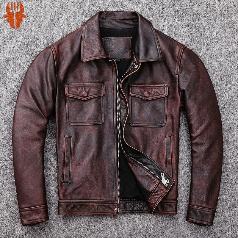 

100% Cowhide Motorcycle s Men Genuine Corium Pilot Spring Autumn Short Vintage Distressed Slim Fit Leather Jacket