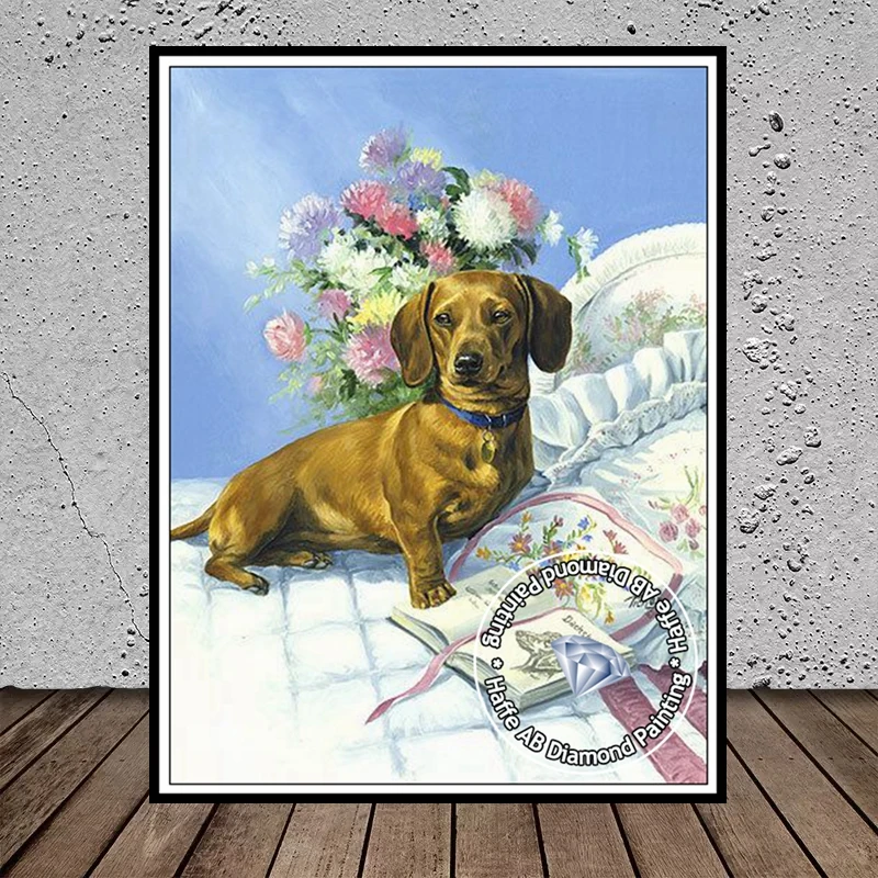 Dachshund Dog Diamond Painting Art AB Drills Garden Puppy With Butterfly  And Flowers Scenery Cross Stitch Embroidery Home Decor