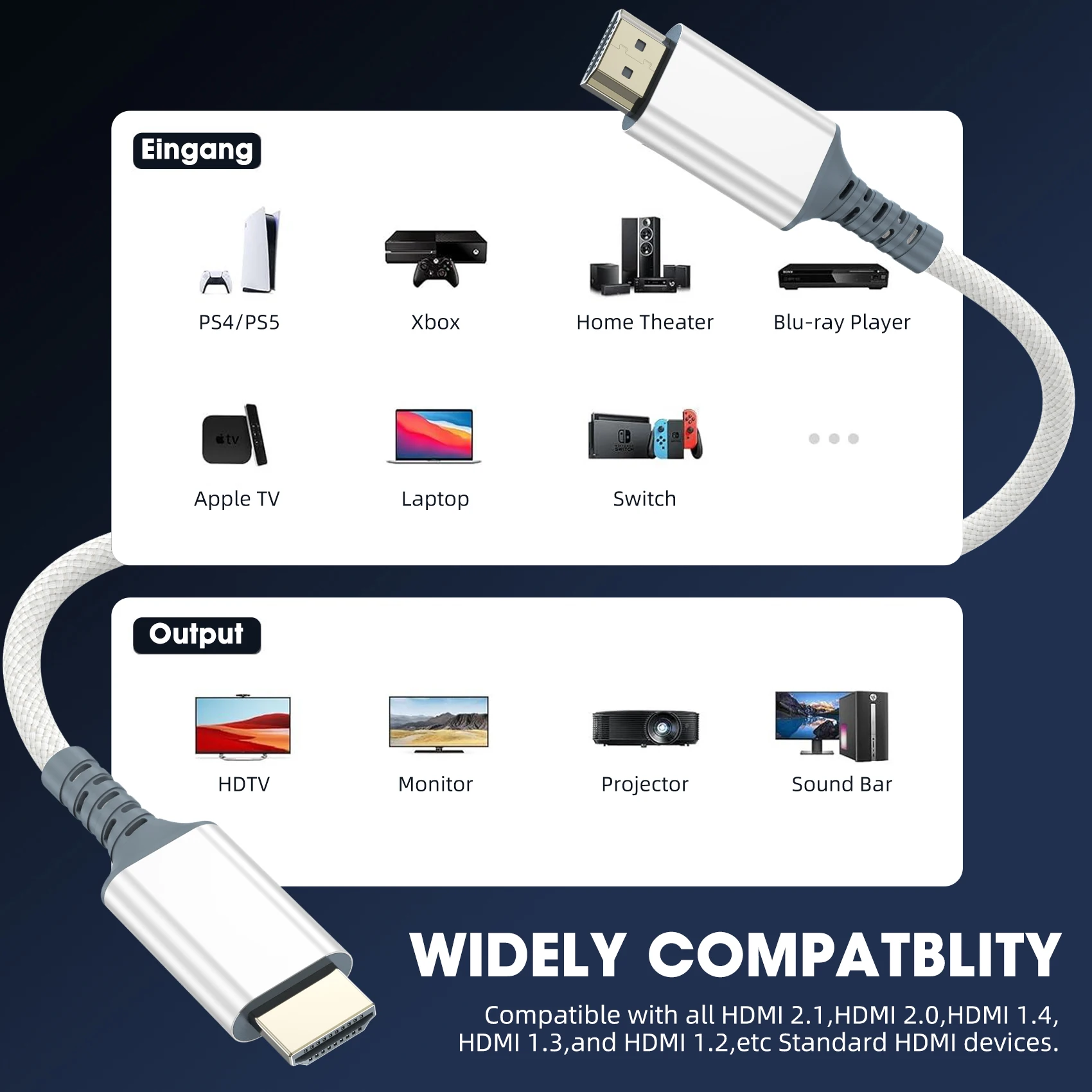 รูปสินค้า สาย HDMI ความละเอียดสูง 8K/60Hz 4K/120Hz สำหรับ PS5 PS4 แล็ปท็อป