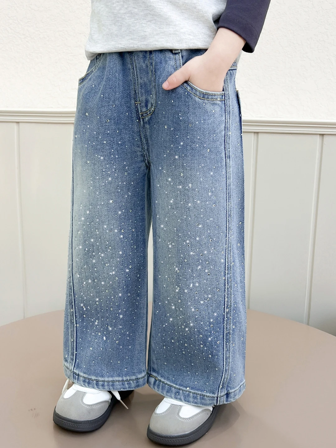 봄 가을 어린이 데님 바지 와이드 레그 소녀 어린이 유행 다이아몬드 장식 느슨한 스트레이트 레그 베이비 바지