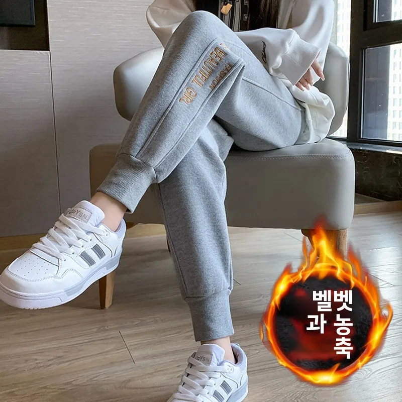 여성용 양털 안감 수 놓은 스포츠 바지 루즈 피트 캐주얼 Harlan 바지 가을 ..