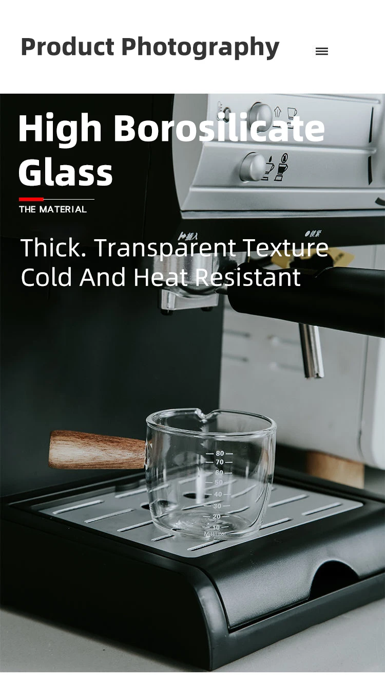 Espresso Messbecher Glas Milch krug Einzel Doppel mund Holzgriff Maß becher Barista Zubehör Home Kitchen Tools 100ml – Detail 5