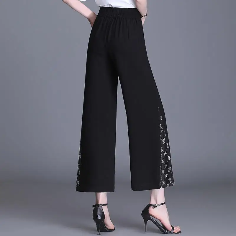 Women's Print Mesh Patchwork Elegant Chic Thin Wide Leg Pants 2023 Summer Black High Waist Loose Office Lady Trousers Pantalones