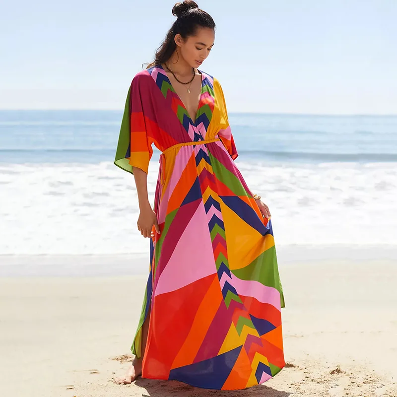 

Bohemian Kaftans for Women Maxi Beach Dresses 2023 New Pink Leopard Printed Summer Holiday Bathing Suits Dropshipping