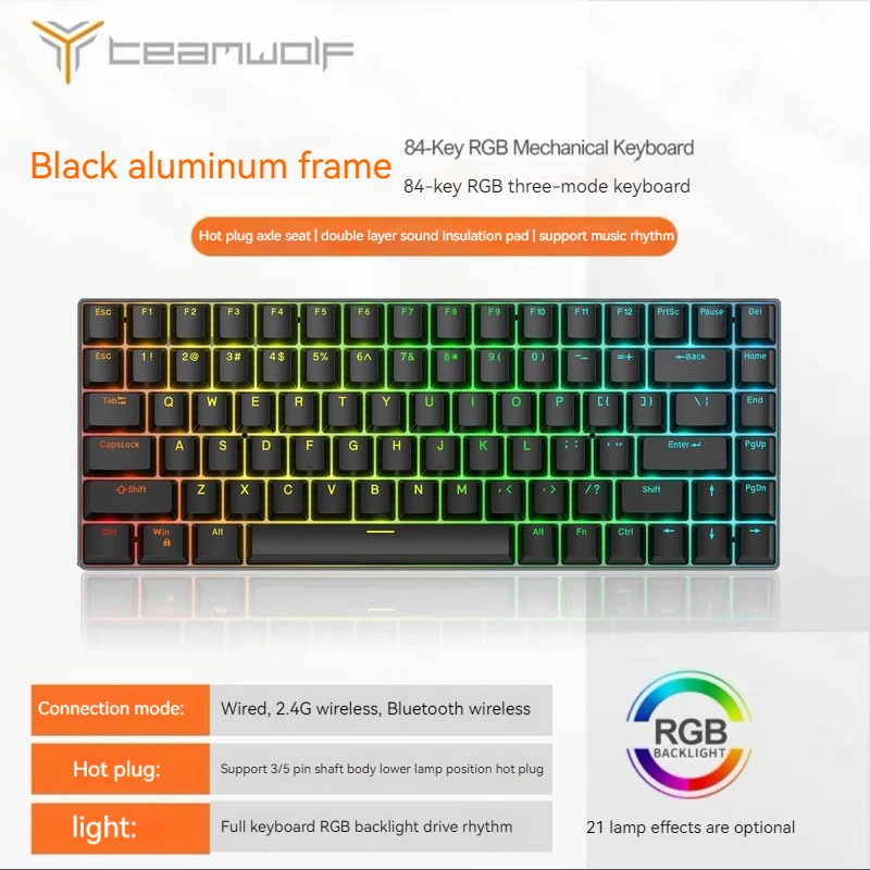 

New Teamwolf Ciy84 Mechanical Keyboard Bluetooth Wireless Three Mode Hot Plug Rgb Backlight Multi System Switching Game Keyboard