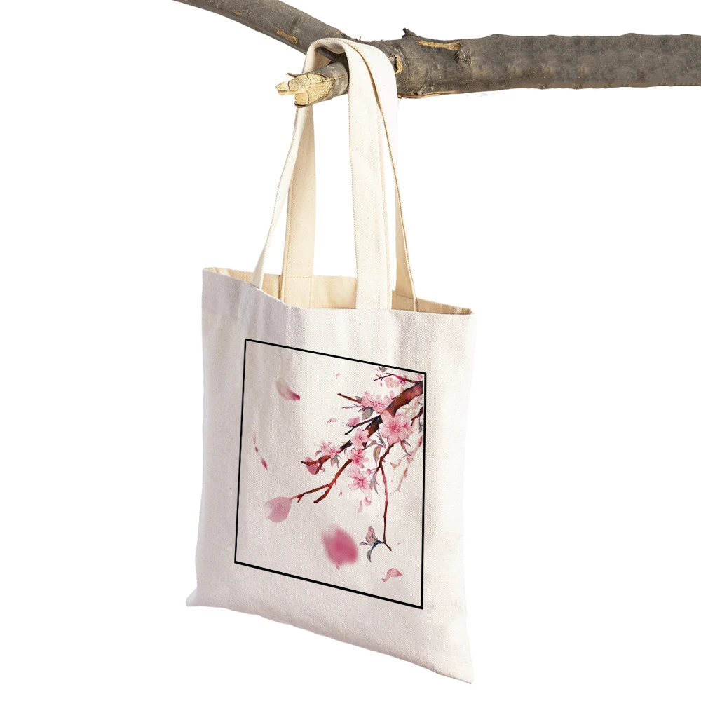 Watercolor Pink Peach Blossom Shopper Bag Tote Handbag Reusable Cartoon  Plant Tree Bird Double Print Casual Canvas Shopping Bags