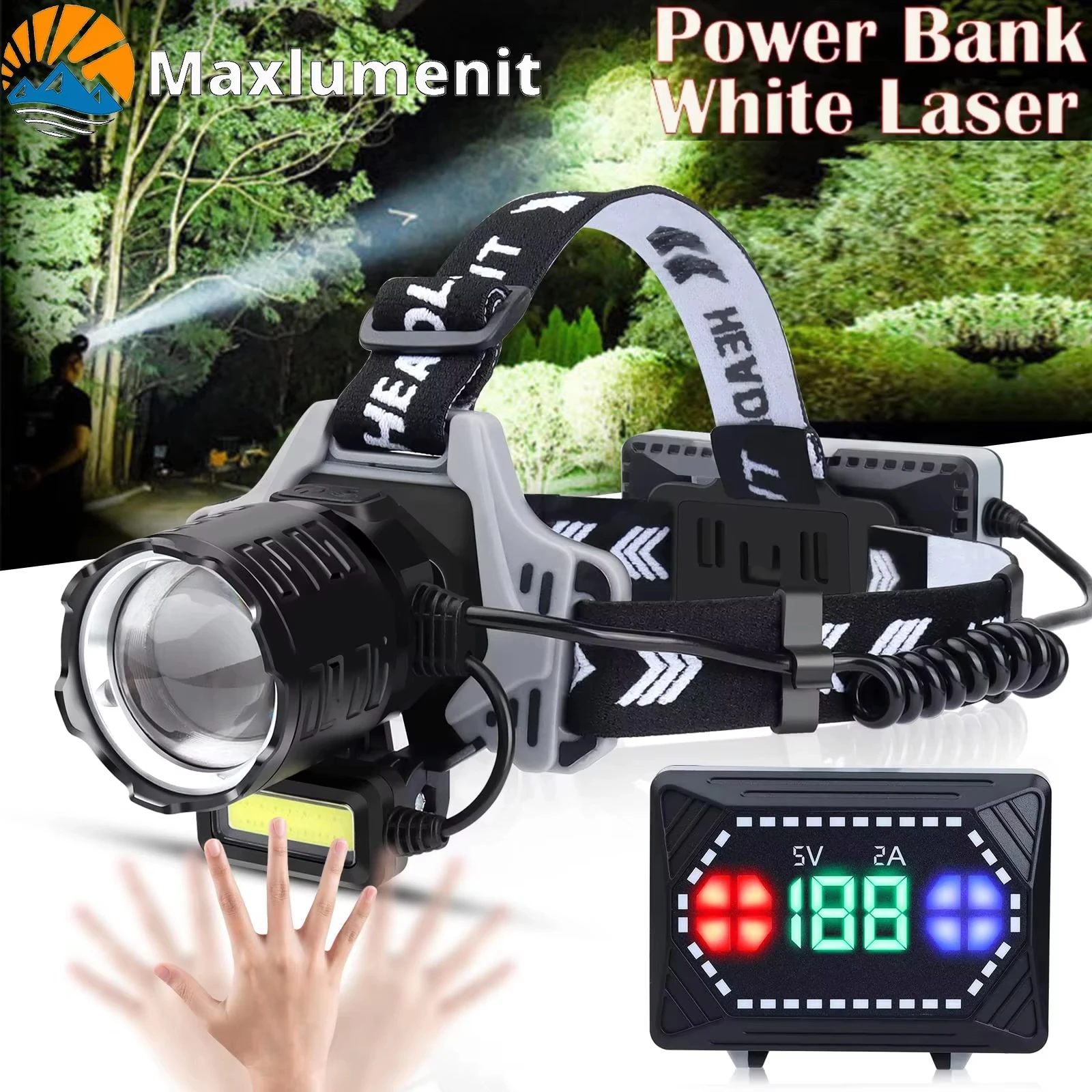 Lampe frontale LED 12000 lumens étanche IPX7 pour pêche nocturne avec capteur et portée 1500m