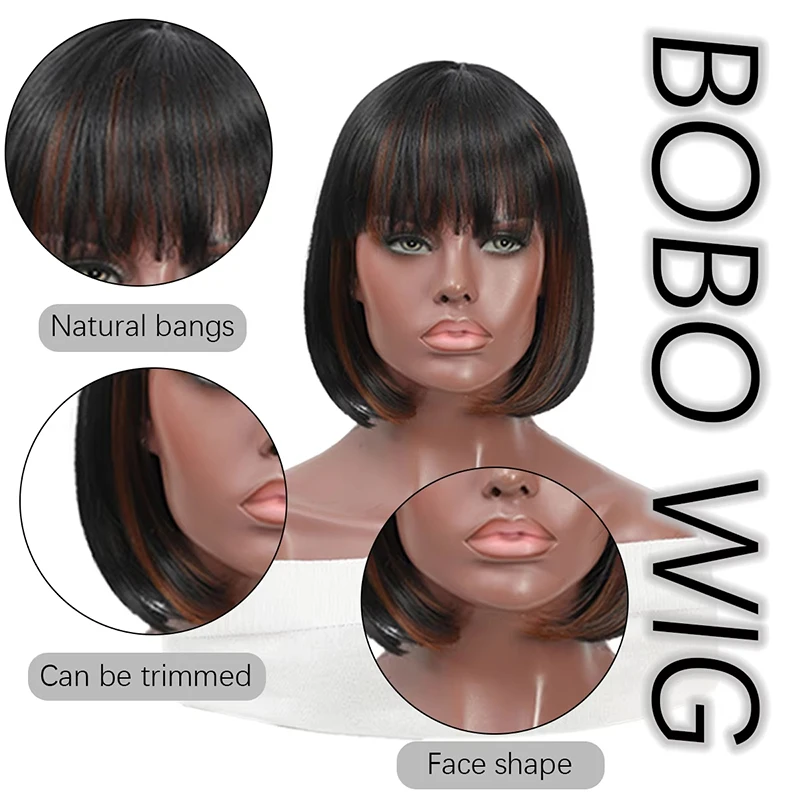 Synthetic Chic 10 Inch Bob Wig with Bangs Natural Black Brown Blend Easy-Style Daily Wear Light weight