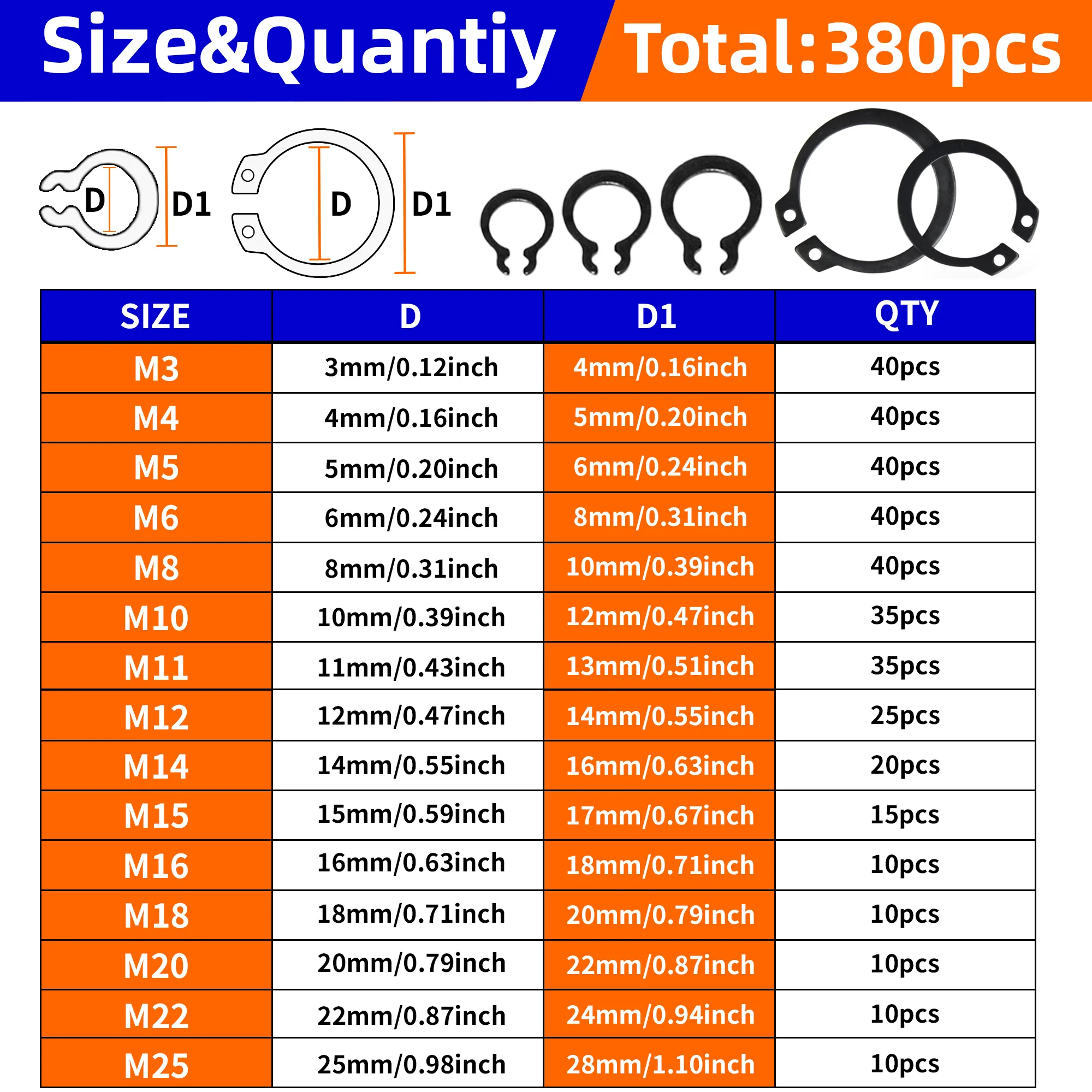 Manganese Steel Snap Ring 200/380pcs Clasp Store Category External Clasp Fixed Set Shop Assortment For Mechanic
