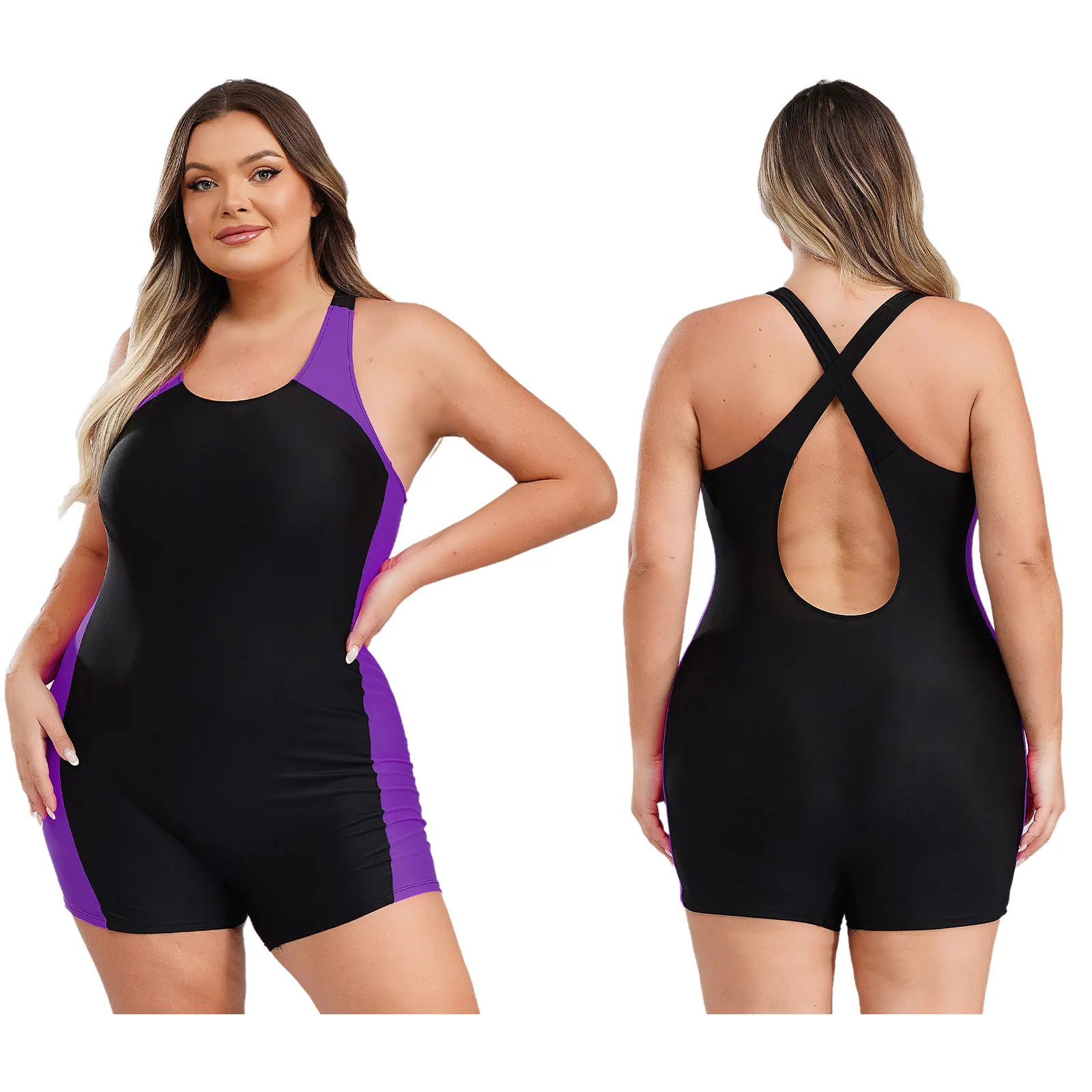 Women Swimsuit Plus Size One-piece Swimwear Swimming Jumpsuit U Neck Big Size Short Jumpsuit Bodysuit Pool Swimming Bathing Suit
