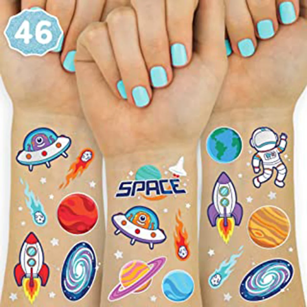 

Space Planets Temporary Tattoos for Kids Glitter Styles Alien Birthday Party Supplies Astronaut Favors Rocketship Decorations